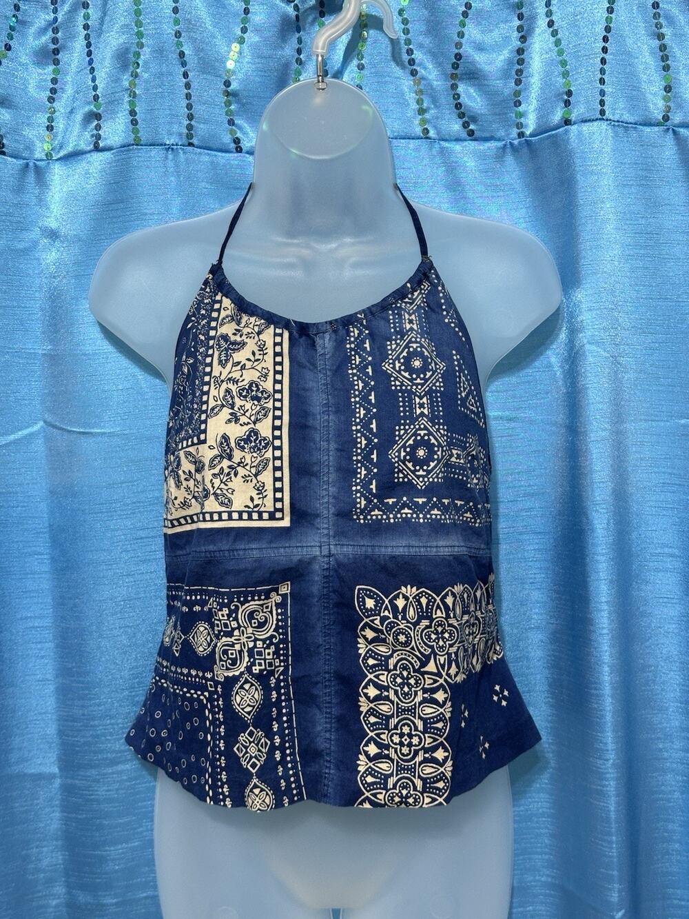 polo jeans company ralph lauren Blue & Tan Paisley Print Halter Top 90’s SZ M